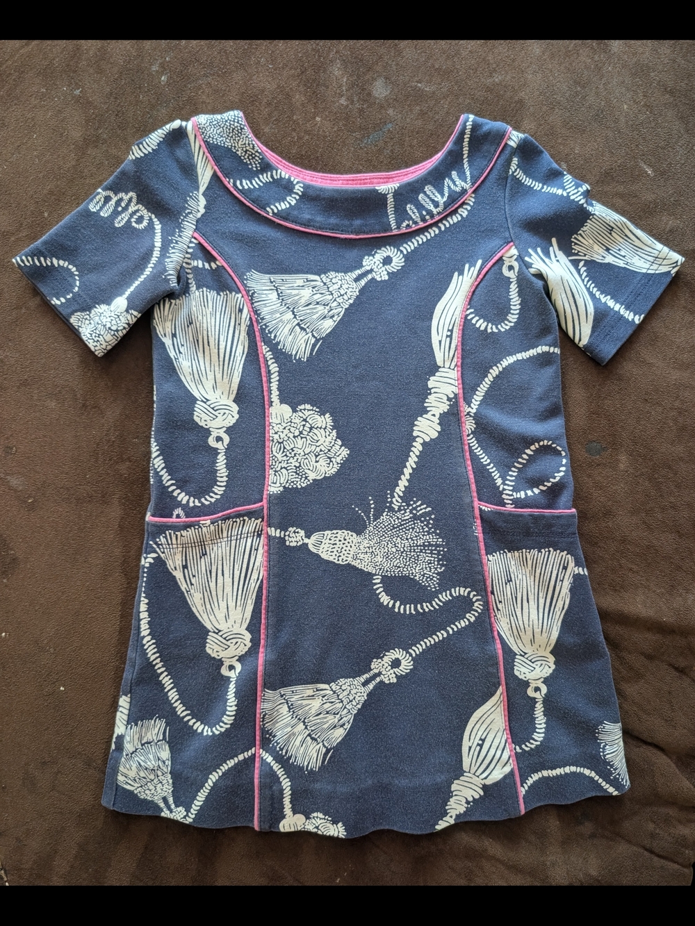 Lilly Pulitzer Navy Shift Dress with Pink Trim and Cream Tassel Print